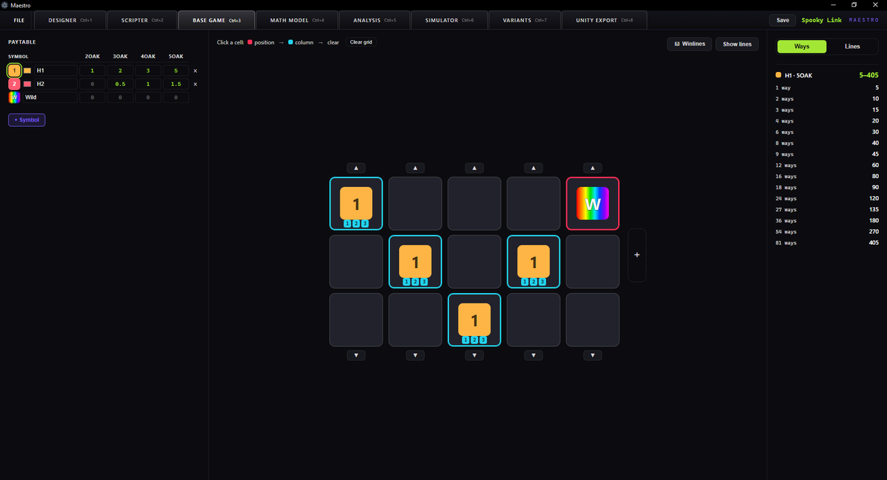 Maestro: Base Game — The paytable editor beside a 5x3 grid, with a ways ladder counting 1 way = 5 up to 81 ways = 405.