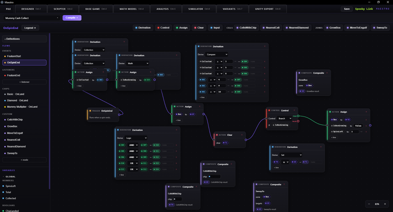 Maestro: Designer — A slot feature authored as a wired node graph, with the game’s zones, chips and variables declared down the left.