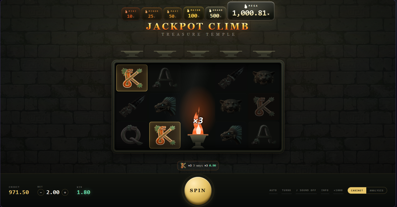 Treasure Temple, the cabinet — A five-reel slot mid-win: a jackpot ladder across the top, a burning title, and a column of wilds carrying a x3 flame.
