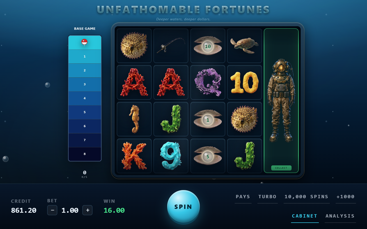 Unfathomable Fortunes, the cabinet: A five-reel underwater slot paying a Clam Collect: a diver filling the last reel, three open clams showing their values, and a depth ladder down the left.